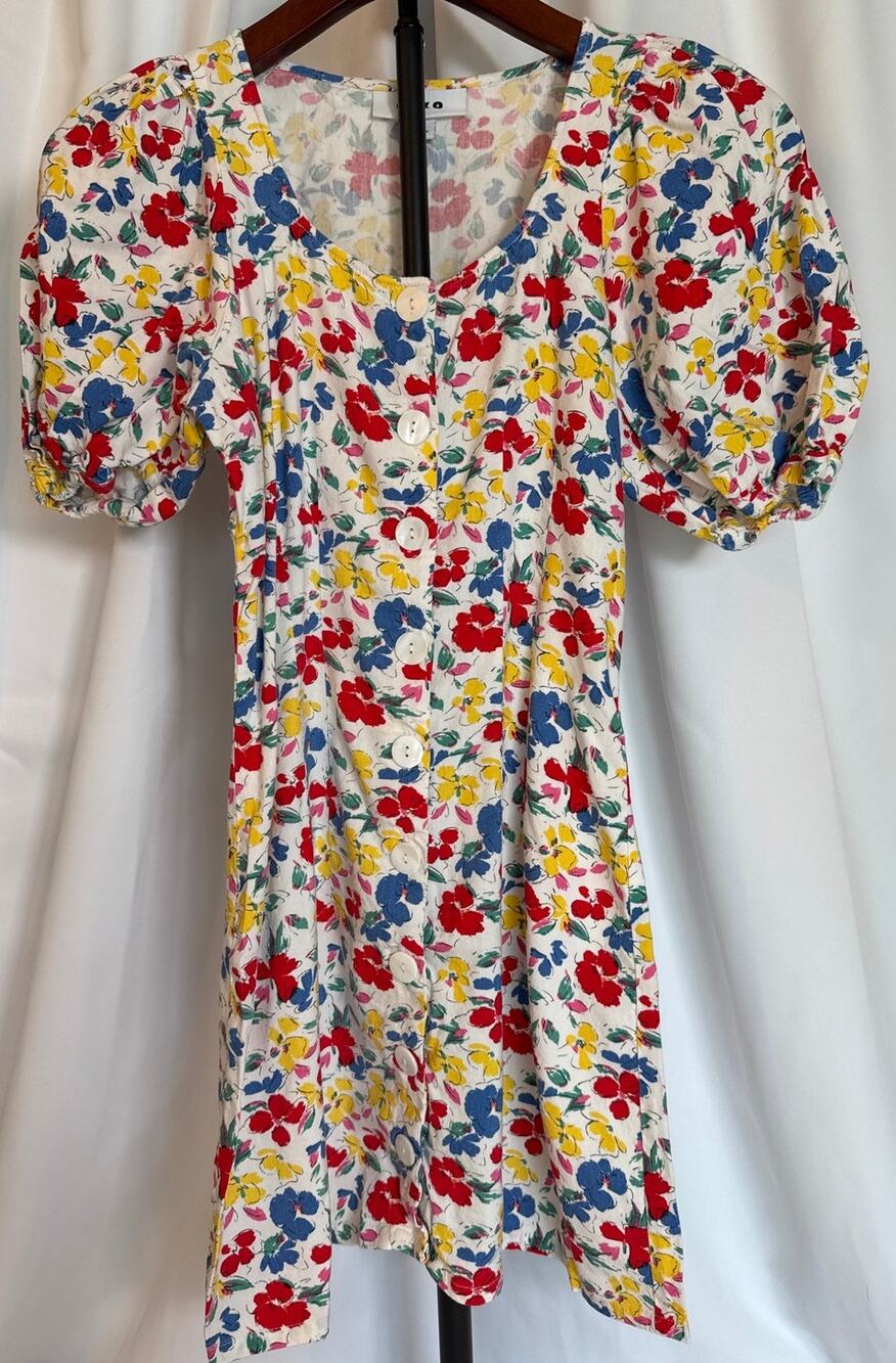 RIXO Floral Mini Dress Size 0 Linen Blend Puff Sleeve Anthropologie